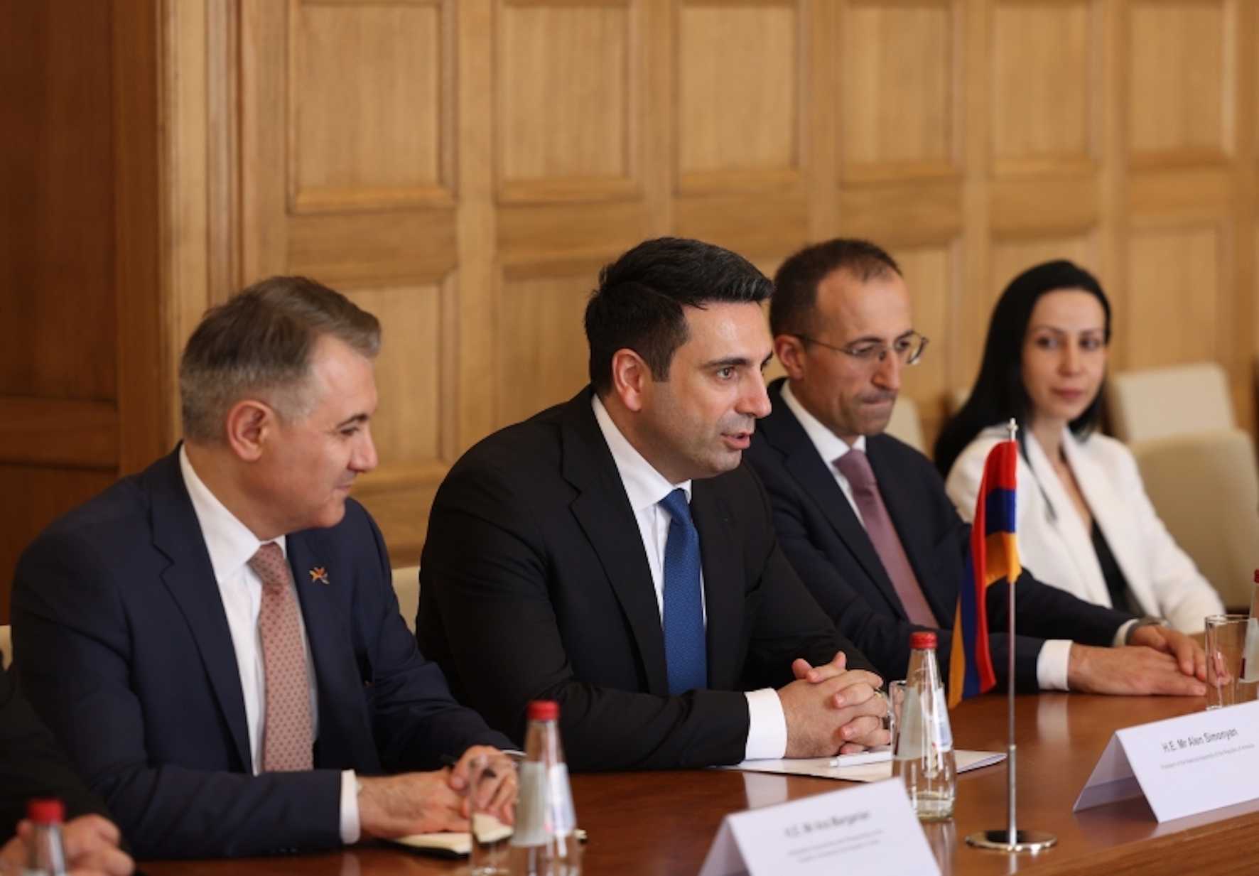 Parliamentary speaker Alen Simonyan with the Armenian delegation in Latvia. Photo: parliament.am.