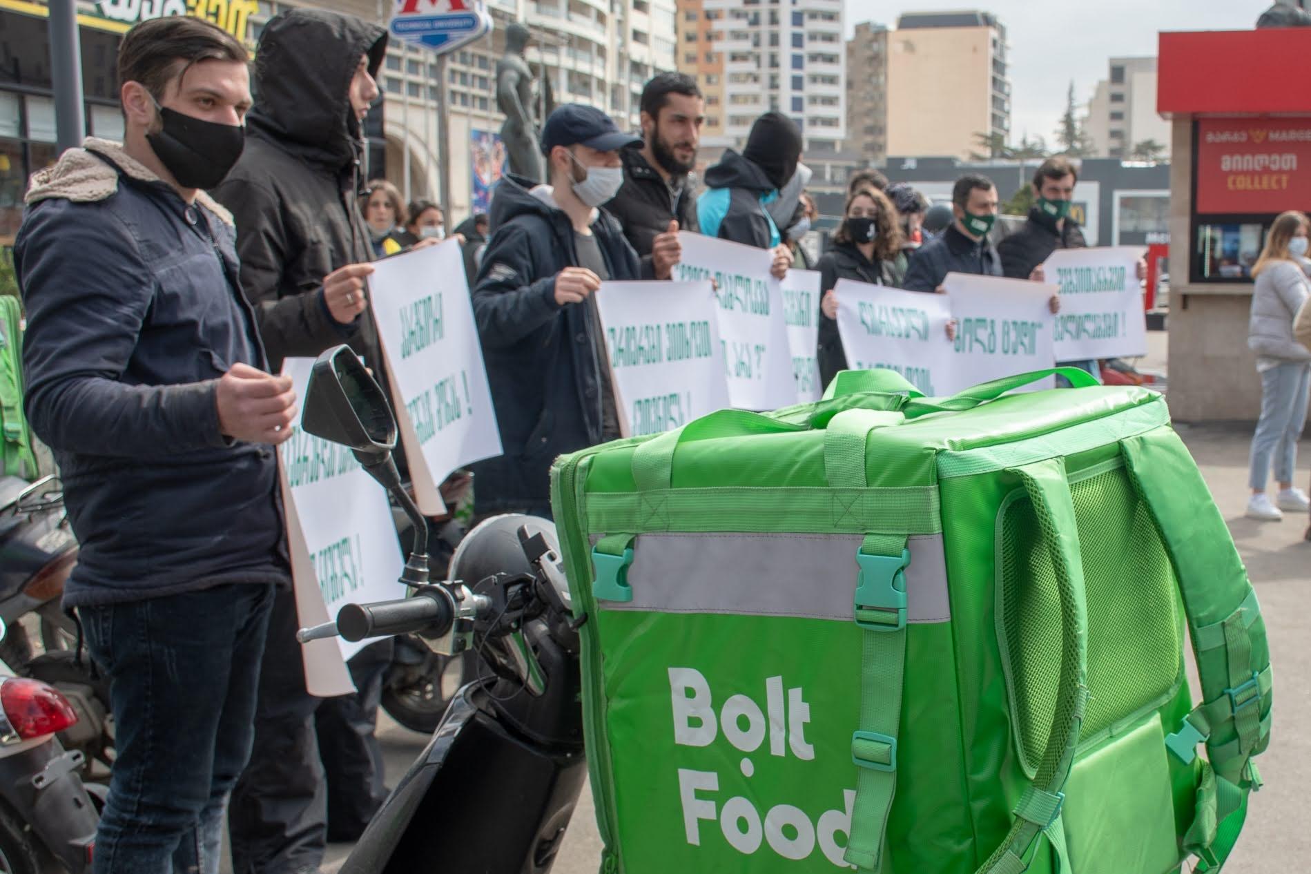 Bolt Food couriers protesting in Tbilisi on 24 March 2021. Photo: Shota Kincha/OC Media.