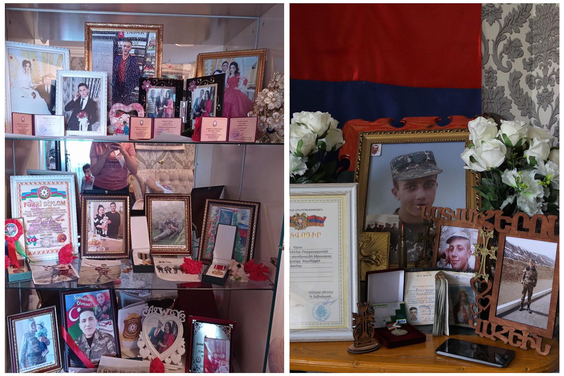 On the left, objects commemorating the late husband of Narmin Bakhtiyarova, on the right objects commemorating the son of Stella Baghdasaryan. Photos: Ismayil Fataliyev/Anahit Harutyunyan.