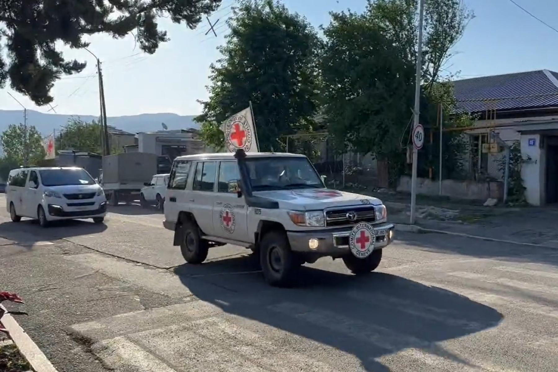 Red Cross vehicles in Stepanakert on 26 June. Still from video, Marut Vanyan/Twitter