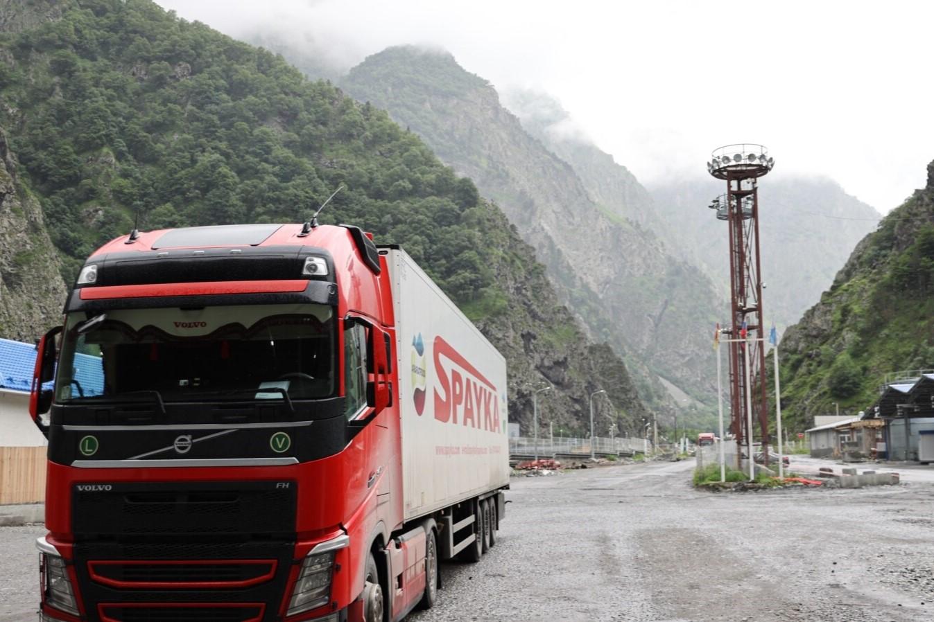 An Armenian lorry passing through the Russian checkpoint at the Upper Lars border crossing with Georgia. Via RFE/RL